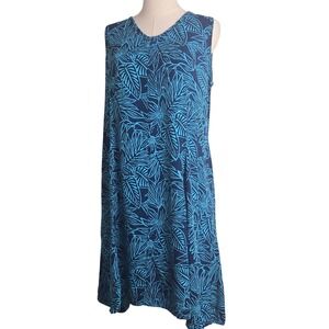 Blueginger Tropical Floral Leaf Print Sleeveless V-Neck Midi Dress Blue Large